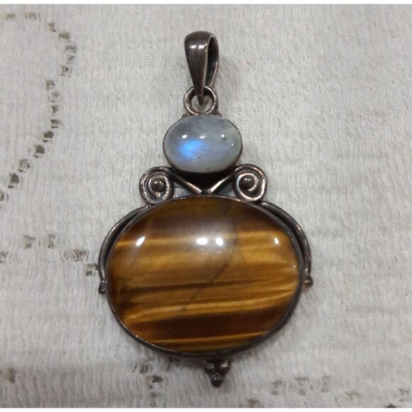 Vintage 925 Silver Real Tiger Eye & Moonstone Gemstone Oval Pendant Boho Hippie - Picture 4 of 16